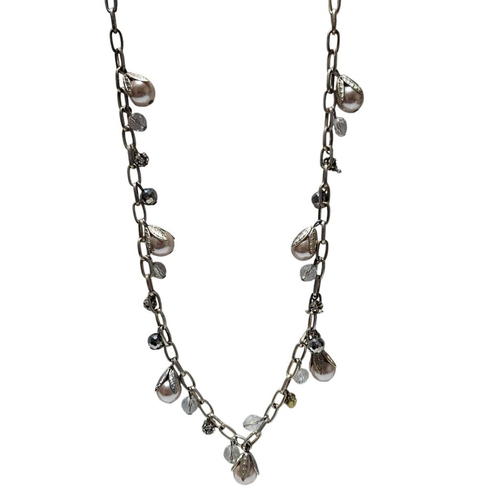 Elegant Beaded Gold Tone Chain Necklace Faux Pearls Crystal Charms Jewelry Women